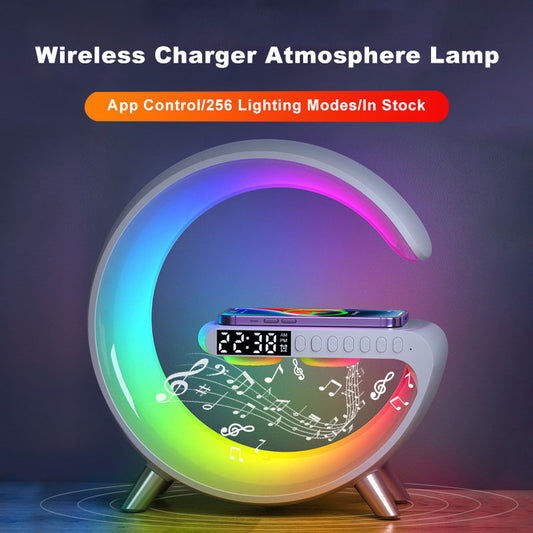 Wireless Charger Atmosphere Lamp, 2023 New Intelligent LED Table Lamp, Bluetooth Speaker, Dimmable Night Light Touch Lamp Alarm Clock with Music Sync, App Control for Bedroom Home Decor